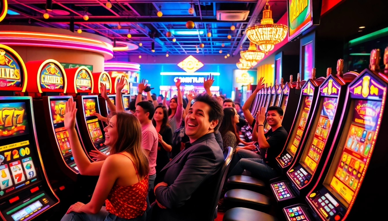 Experience the thrill of สล็อตเว็บตรง100% with players enjoying vibrant slot machines in a lively casino setting.