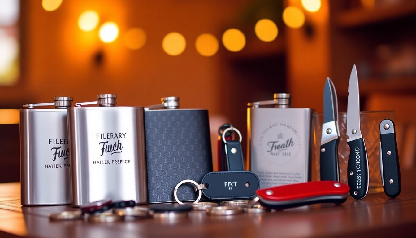 Explore a selection of cheap groomsmen gifts featuring personalized flasks and unique keychains displayed in an elegant arrangement.