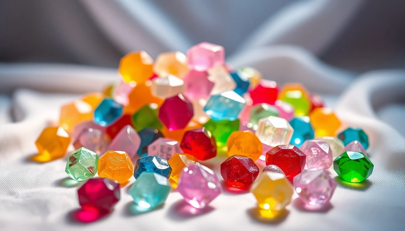 Indulge in the dazzling assortment of crystal candy, featuring unique, gem-like shapes in a rainbow of colors.