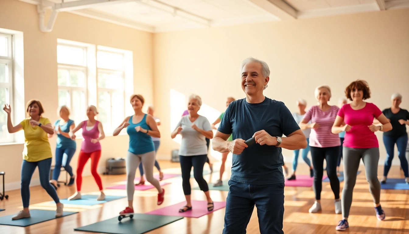 Participants engaged in Senior Fitness Training using dumbbells in a supportive and bright environment.