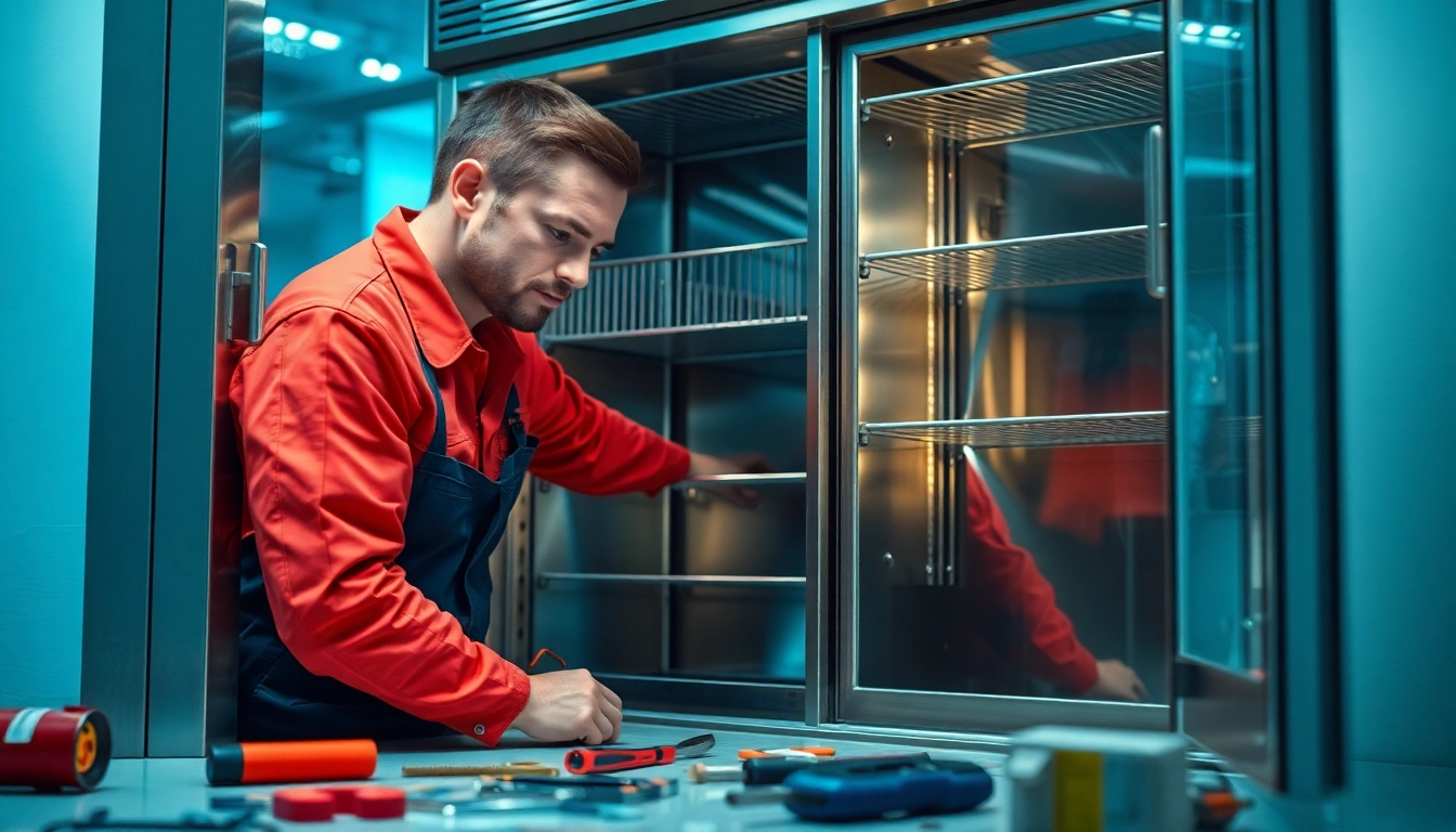 Technician performing commercial refrigerator repair in a well-lit service area with tools displayed.