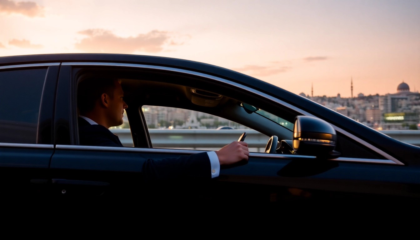 Experience professional driver hire ISTANBUL in a sleek black sedan amidst the city skyline.