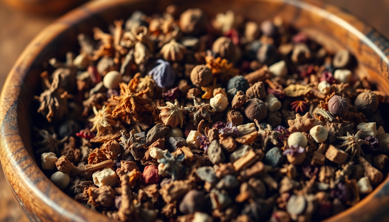 Explore an alternative smoking blend with diverse herbs in a rustic wooden bowl for relaxation.