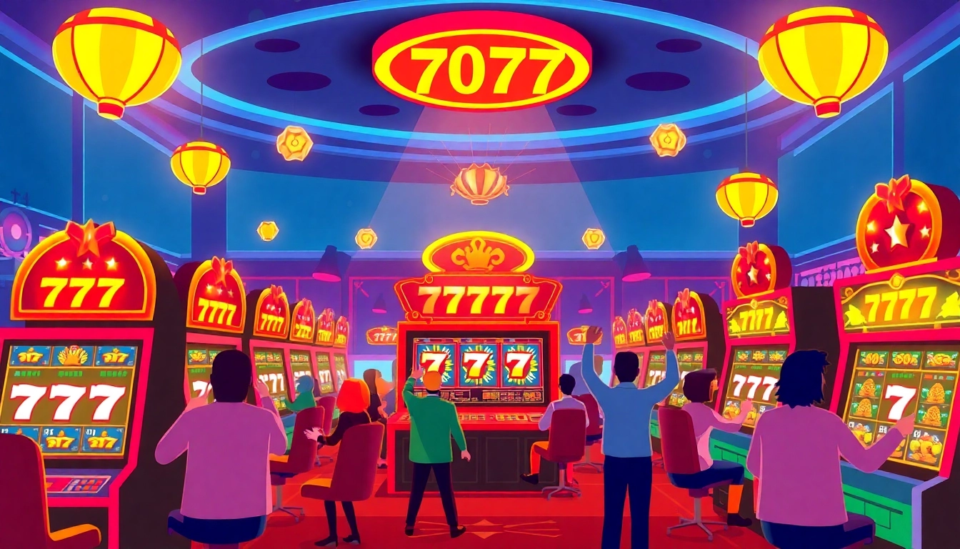 Engage with สล็อต777 slot machines in a lively online casino atmosphere, showcasing vibrant designs and enthusiastic players.