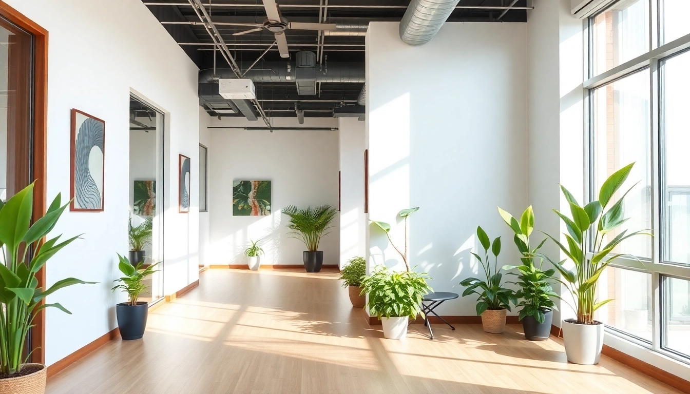 Visit Here to a modern office space featuring bright lights, minimalist decor, and inviting greenery.