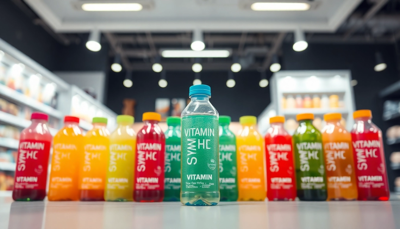 Vitamin drink bottles showcasing diverse flavors and packaging styles to boost health.