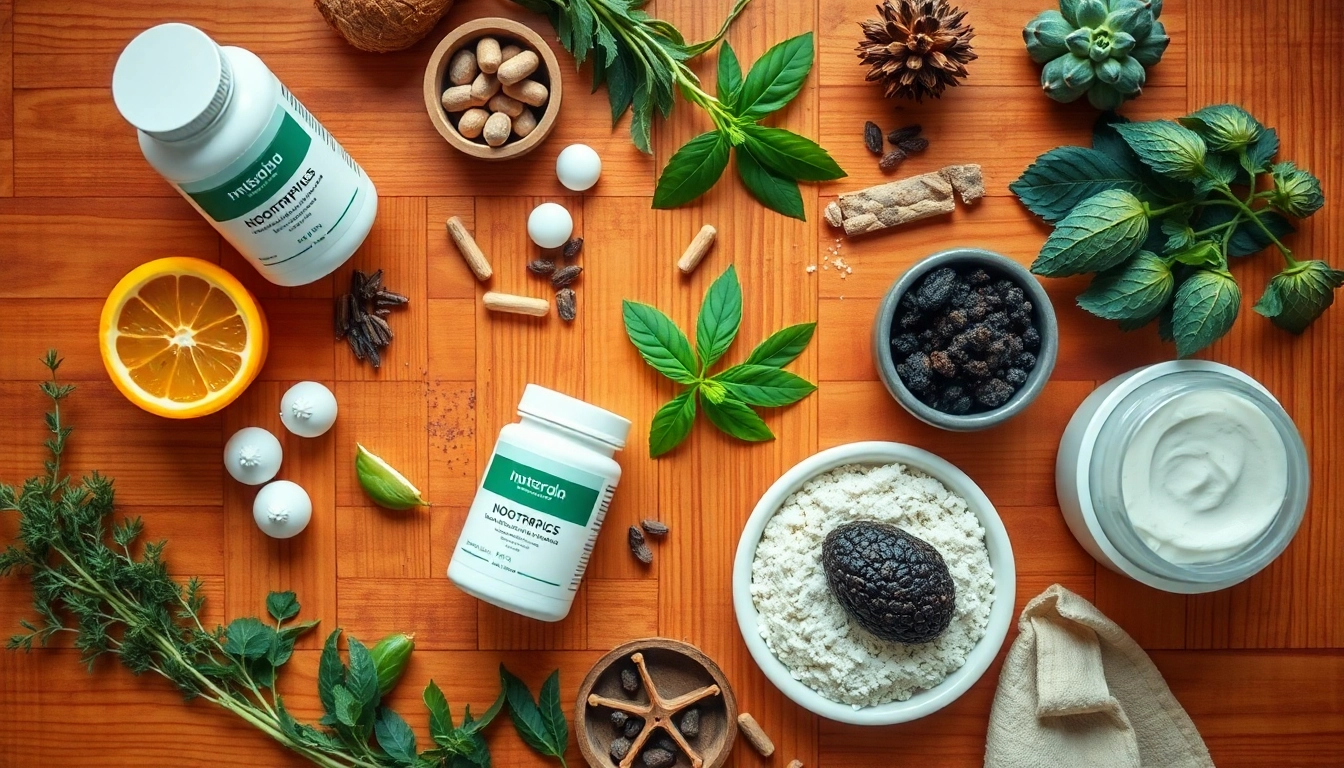 Explore the benefits of nootropics, showcasing vibrant supplements and nutritious ingredients on a rustic table.