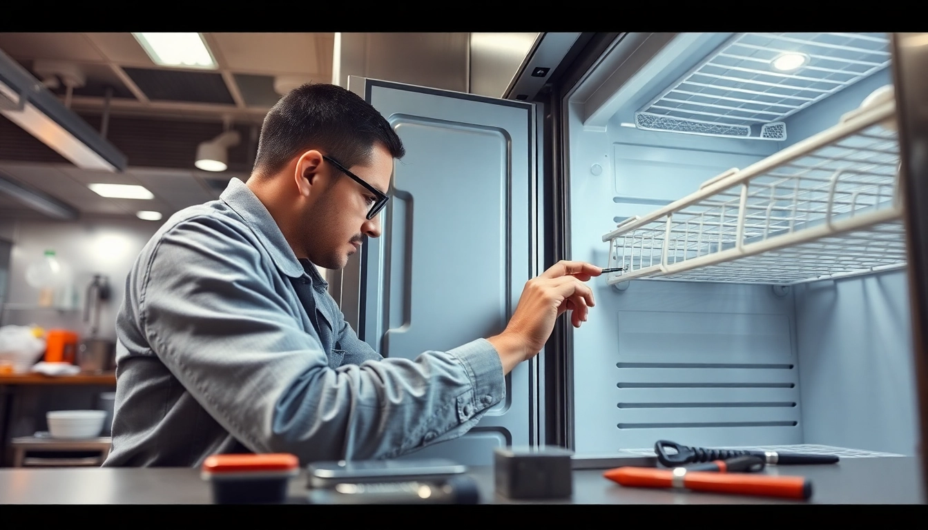 Technician performing commercial refrigerator repair in a busy kitchen environment with tools readily available.