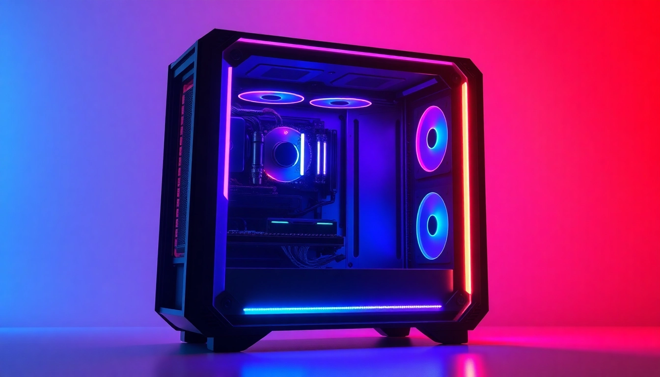 Showcase a high-performance gaming pc case featuring RGB lighting and transparent design for enhanced cooling.