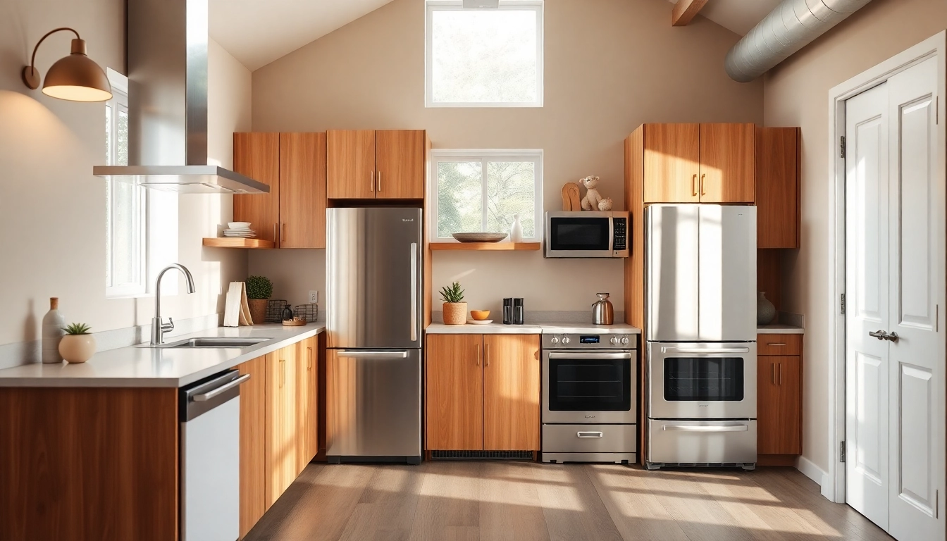 Showcasing affordable kitchen appliances, including a sleek refrigerator and stylish oven in a modern kitchen.