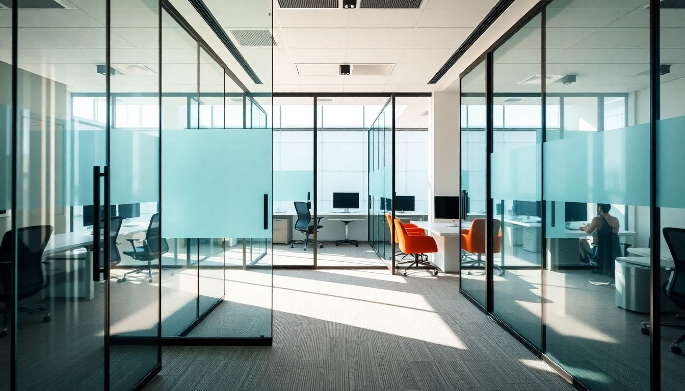 Showcasing movable glass partitions that enhance versatility and openness in modern office designs.