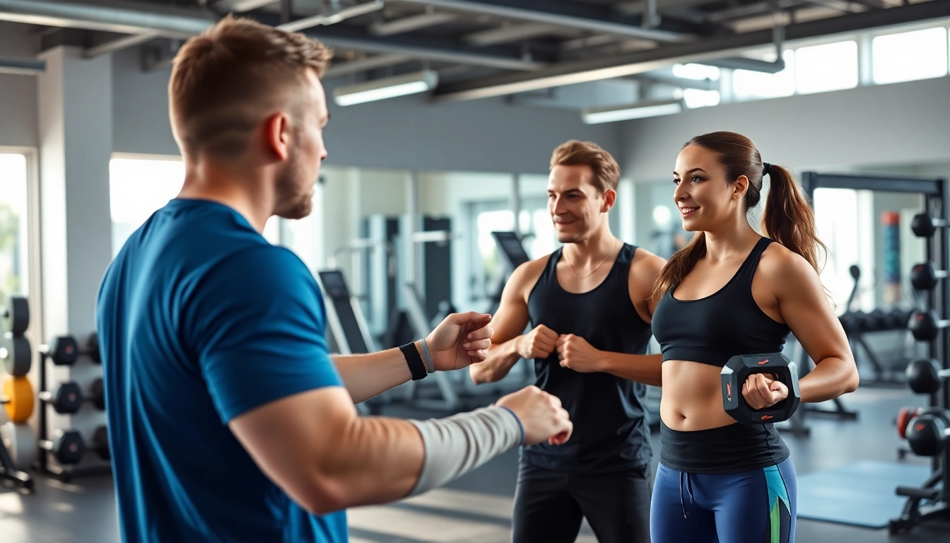 Semi Personal Training in Jersey City with a personal trainer coaching engaged clients at a modern gym.