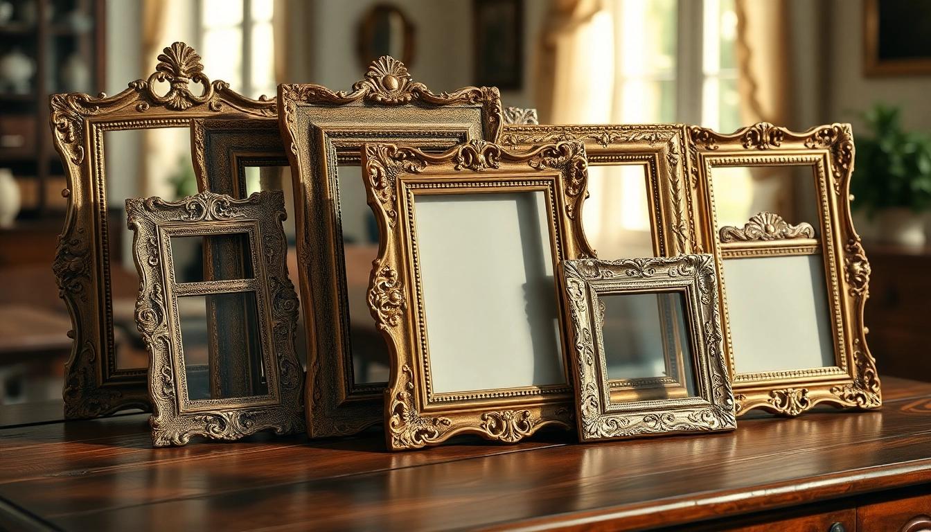 Stylish vintage frames showcasing intricate designs and textures in a cozy setting.
