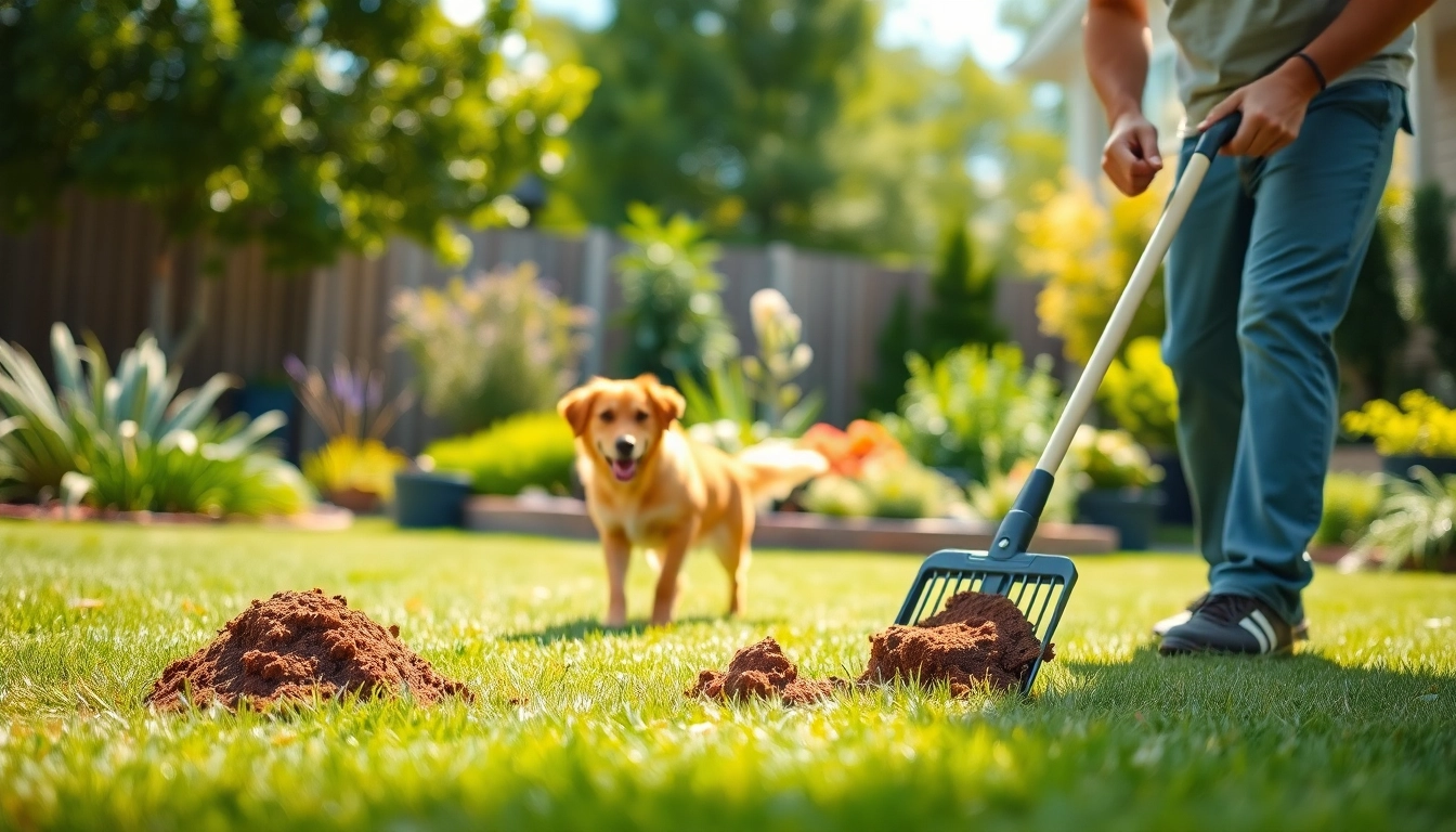 Efficient weekly dog poop scooping service depicting a technician in a backyard with a joyful dog nearby.