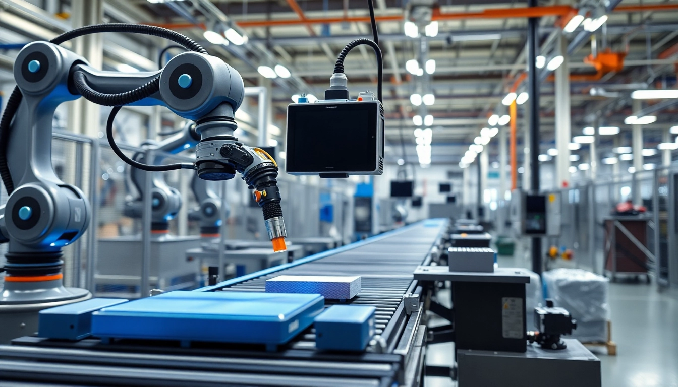 Machine vision technology analyzing products using robotic arms in an industrial setting.