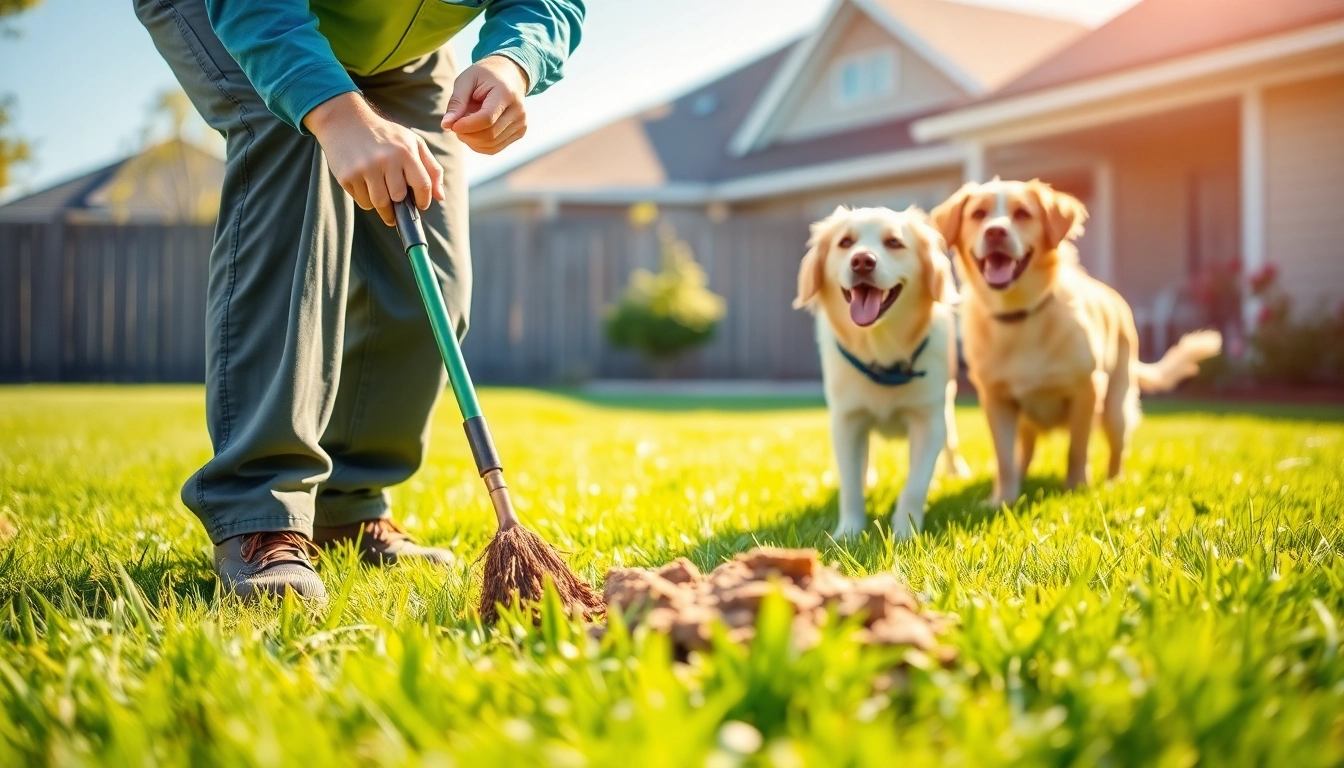 Dog poop pickup by a professional in a sunny backyard with a smiling dog in the background.