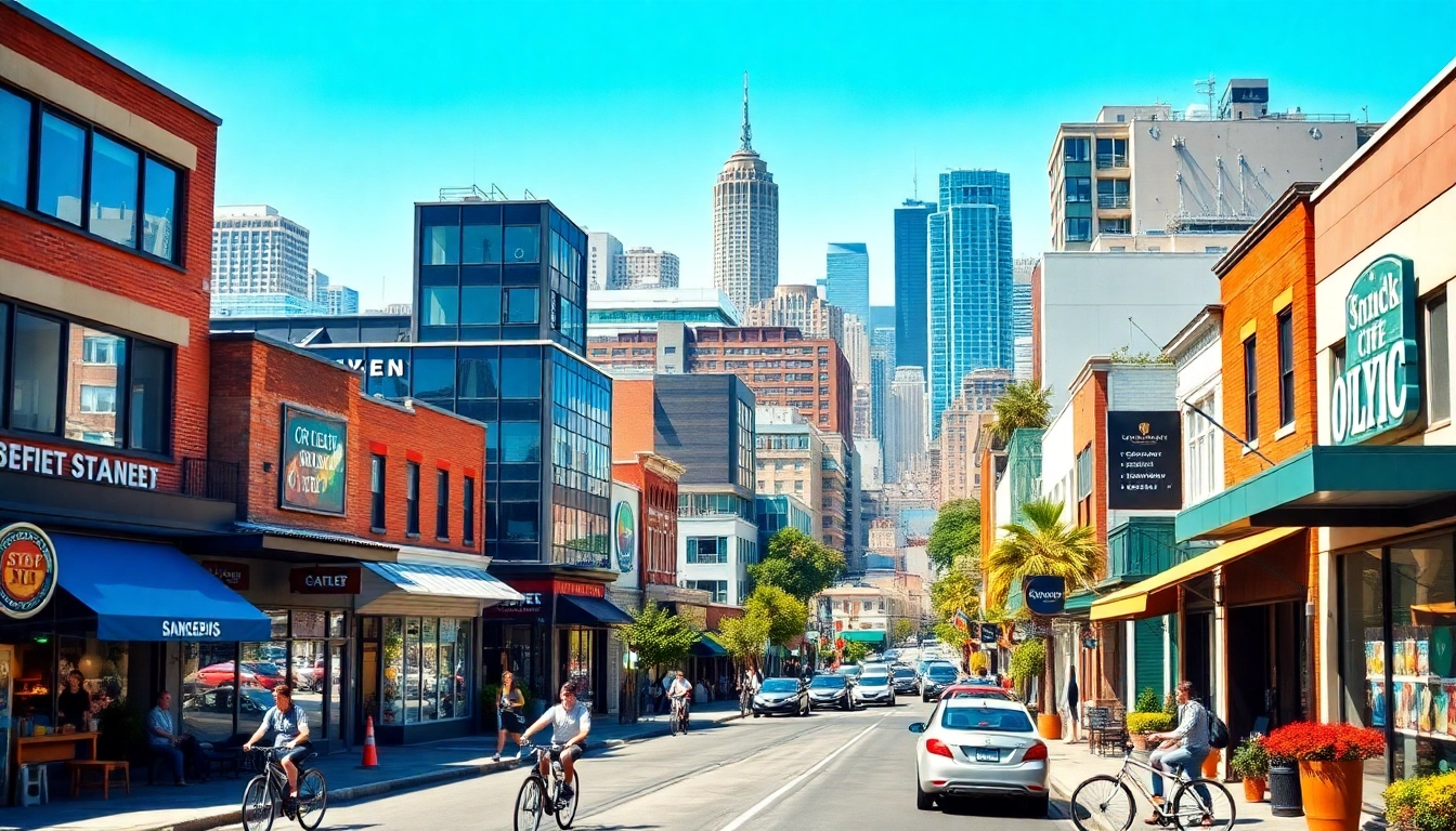 Explore various Locations showcased in a lively urban setting with bustling streets and vibrant businesses.