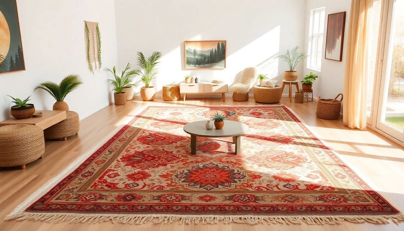 Showcase of Boujaad vintage rugs in a stylish living room, emphasizing intricate patterns and warm colors.