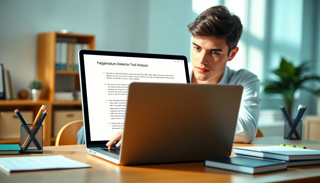 Student using a plagiarism detector tool on a laptop to ensure originality in writing.
