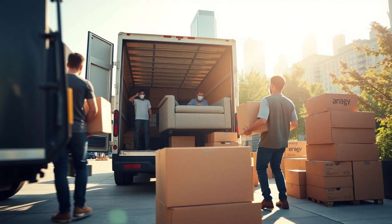 Moving company nyc team efficiently packing furniture in New York City with a city backdrop.