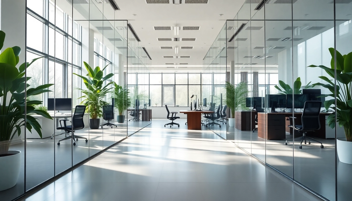 Showcase of movable glass partitions in a modern office, enhancing openness and functionality.