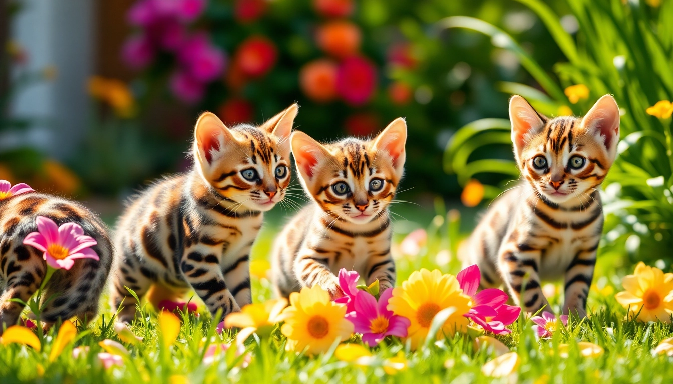Explore Bengal Breeders Orange County showcasing playful kittens in a vibrant garden.
