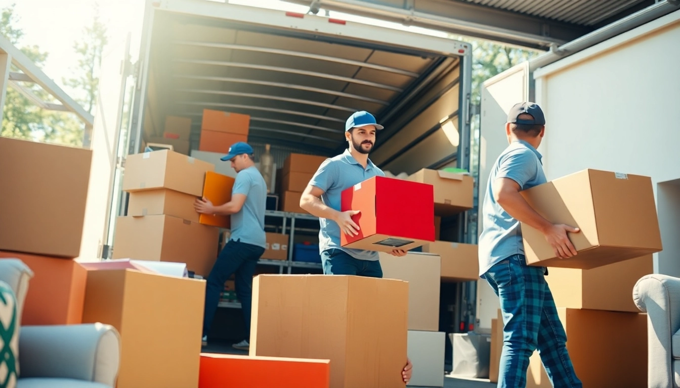 Movers coordinating a house move, arranging boxes and furniture efficiently.