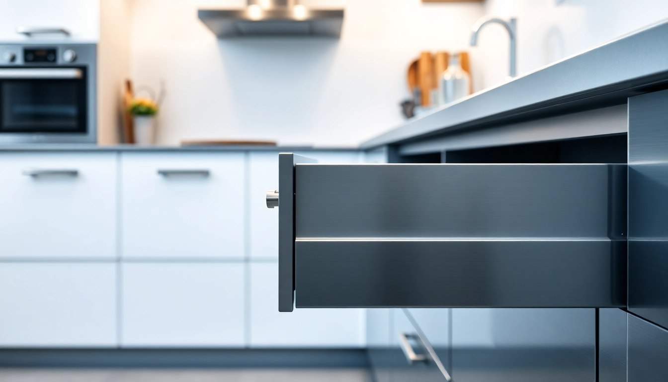 Showcasing a sleek metal drawer system in a modern kitchen, highlighting durability and smooth operation.