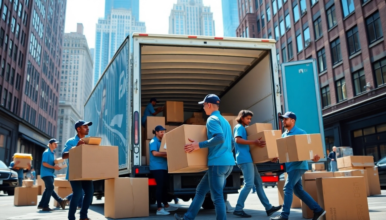 Moving company nyc team efficiently loading a truck with boxes in the vibrant New York City.