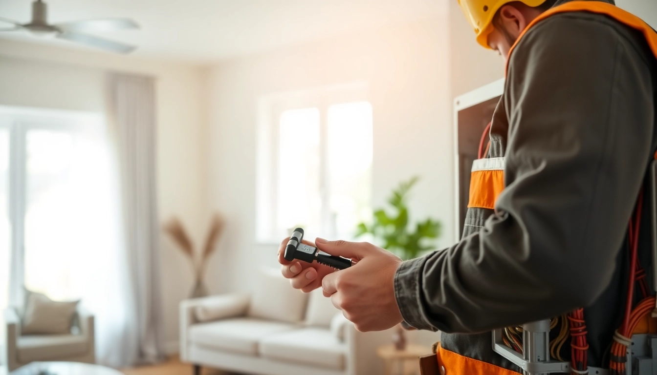 Electrical Service installation by a professional electrician in a bright residential setting.