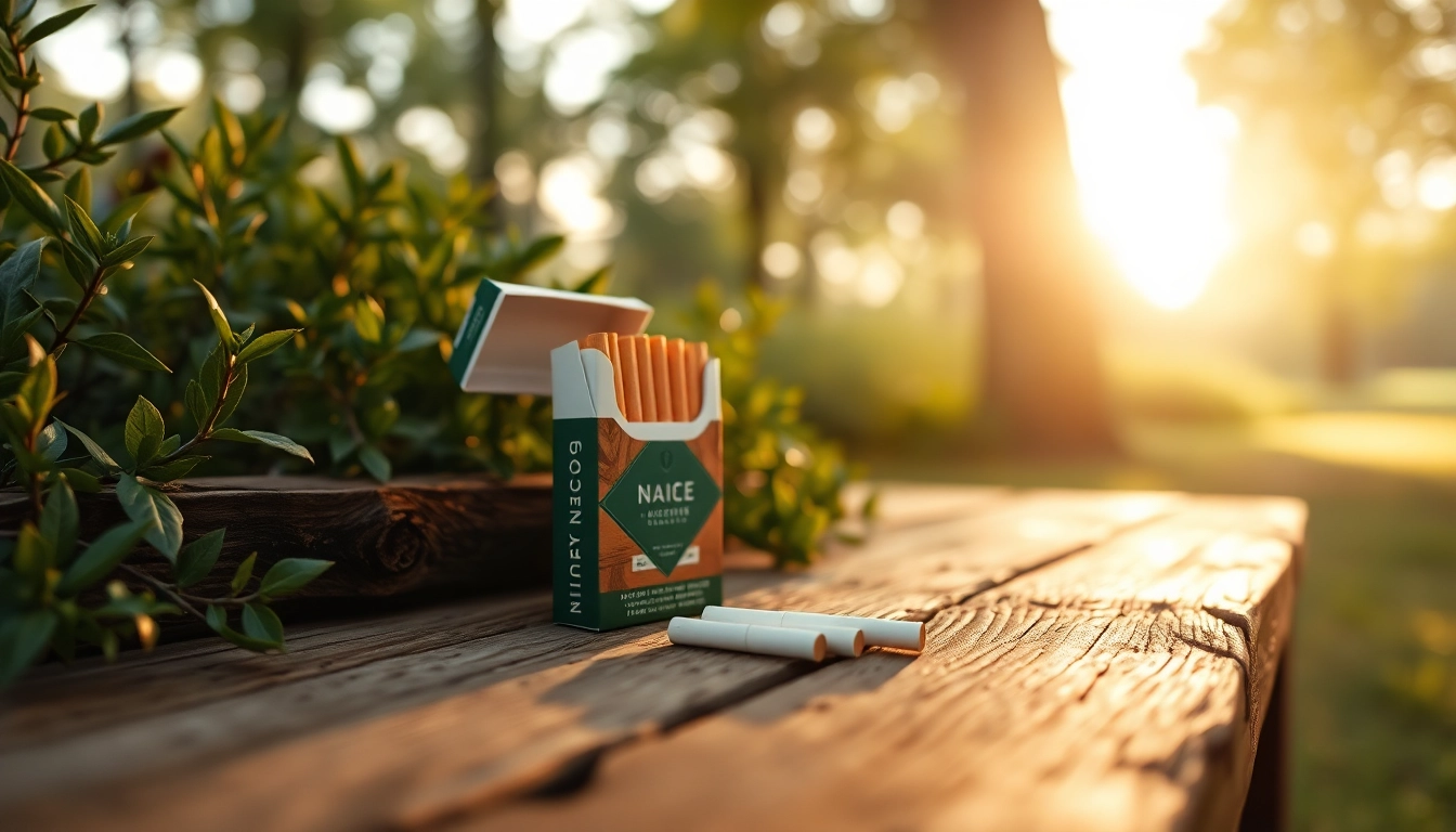 Showcase nicotine free cigarettes on a wooden table surrounded by greenery, highlighting their natural appeal.