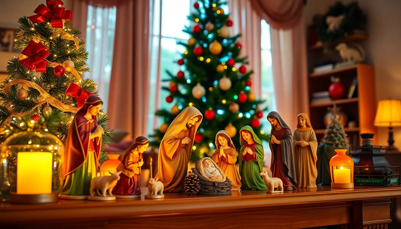 Explore enchanting nativity sets displayed in a cozy holiday setting.