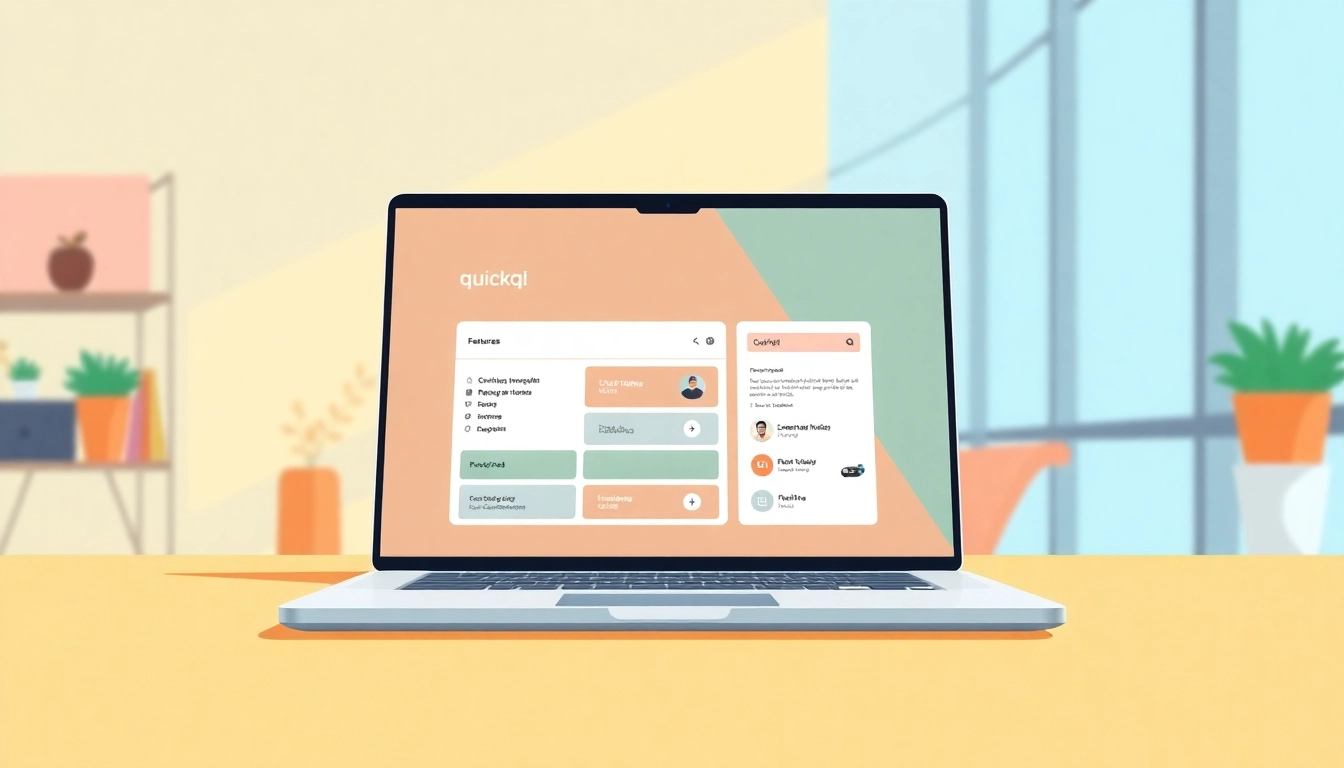 Explore quickq电脑版下载 interface on a sleek laptop in a modern workspace setting.