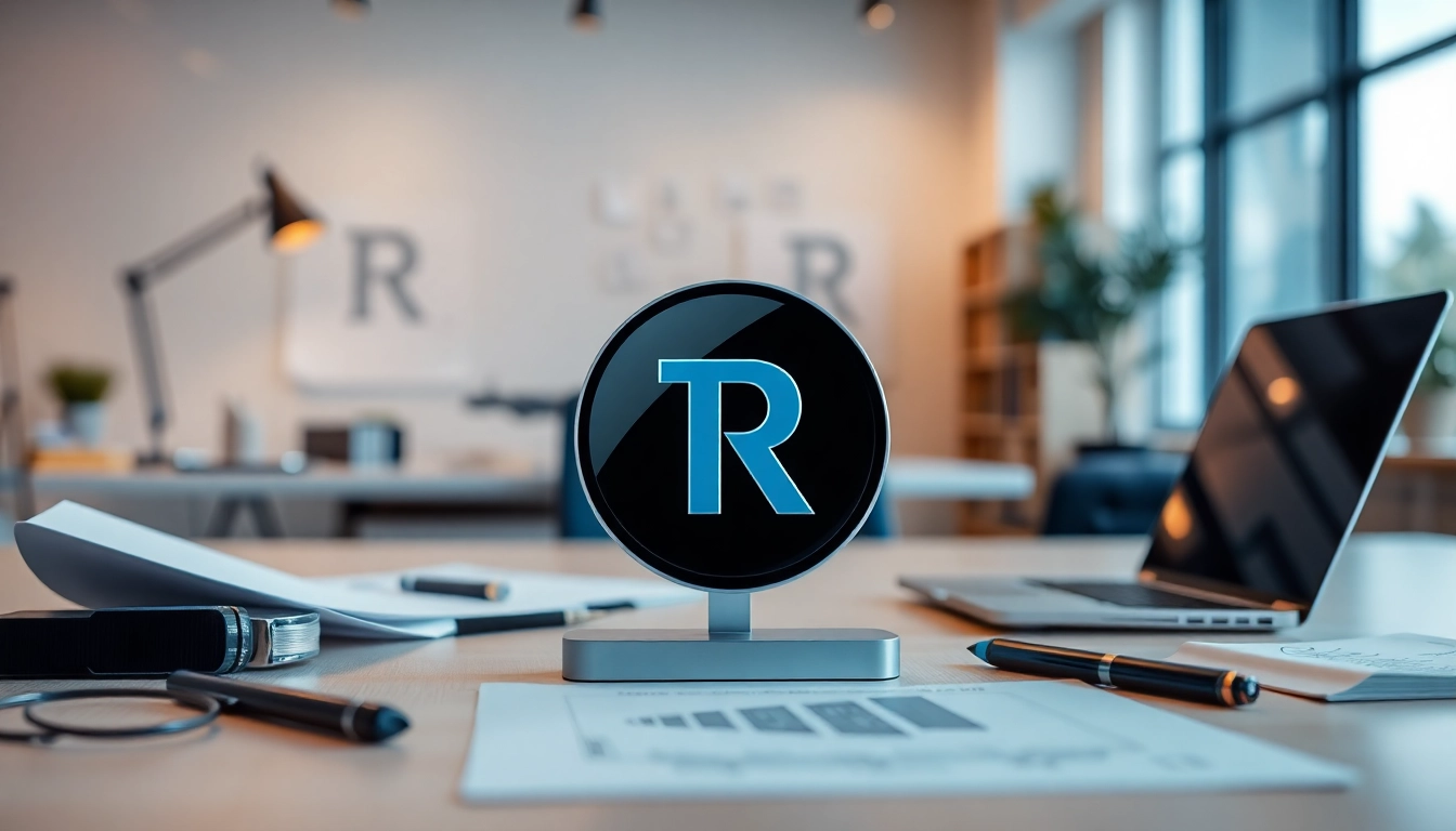Showcase of a professional trademark logo displayed on a designer's desk, emphasizing branding.