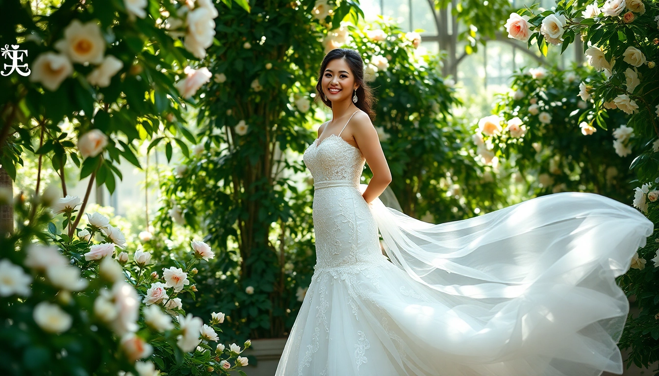 Admire stunning reception wedding dresses showcased on a joyful bride amidst a whimsical garden.