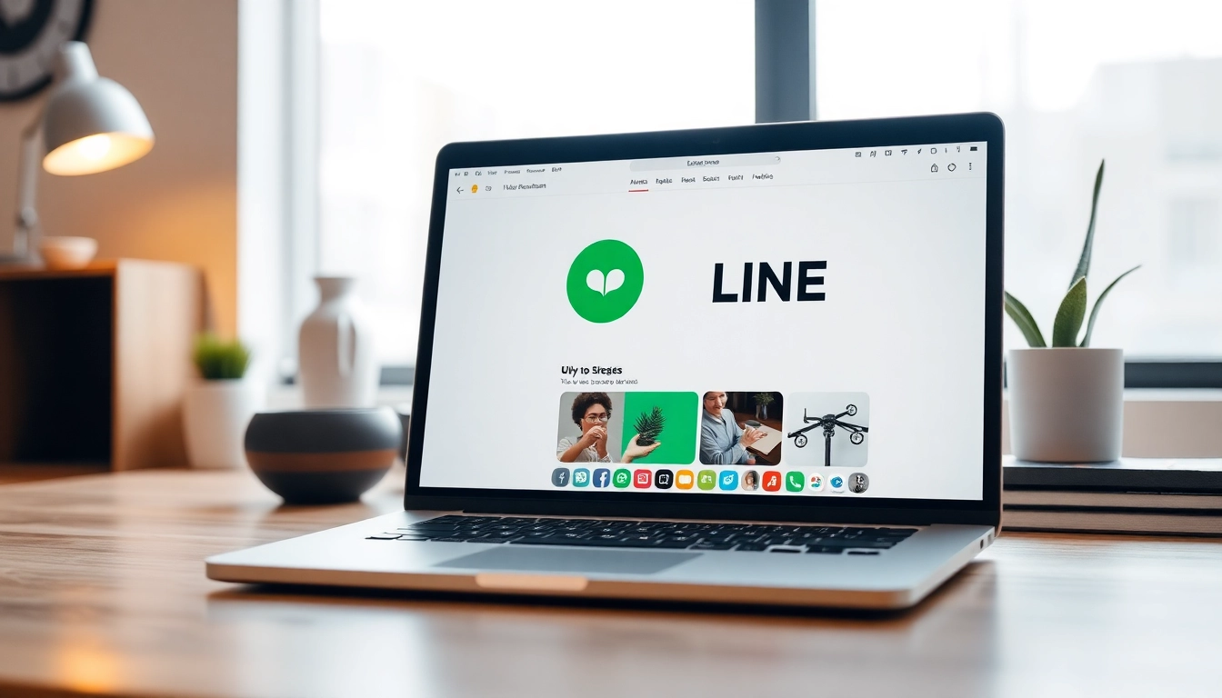 Download line電腦版官方下載 on a stylish laptop in a cozy work environment.