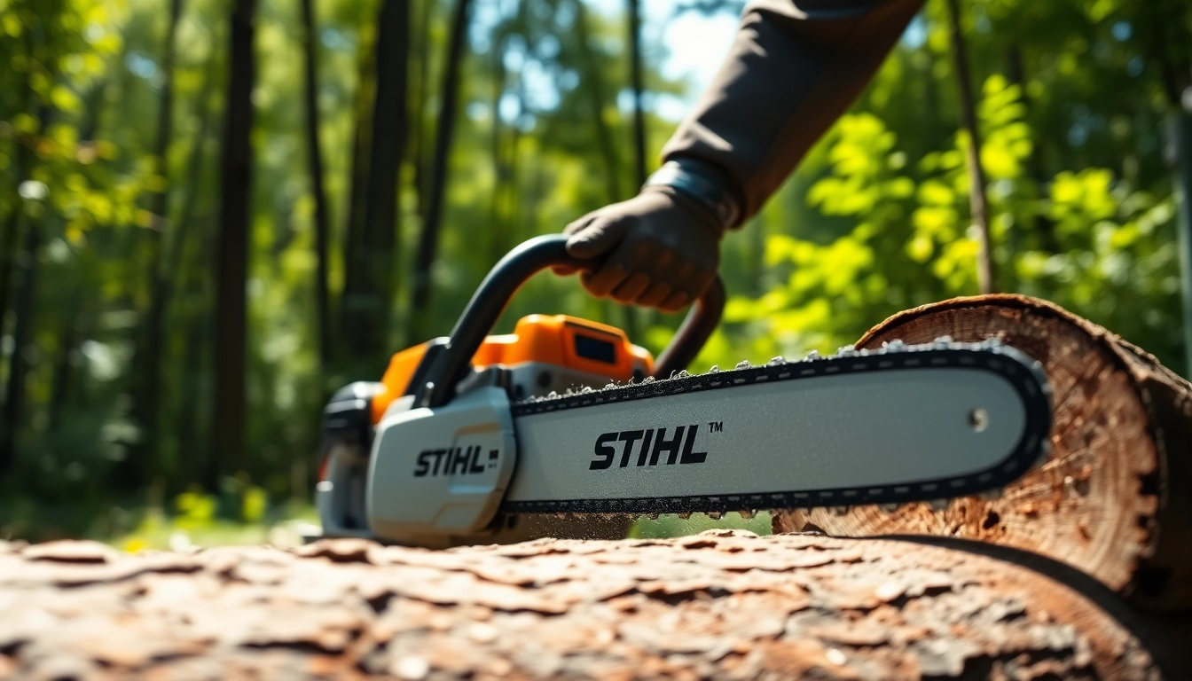 Stihl Kettensäge im Einsatz, die durch einen Baumstamm schneidet und eine Holzfällszene zeigt.