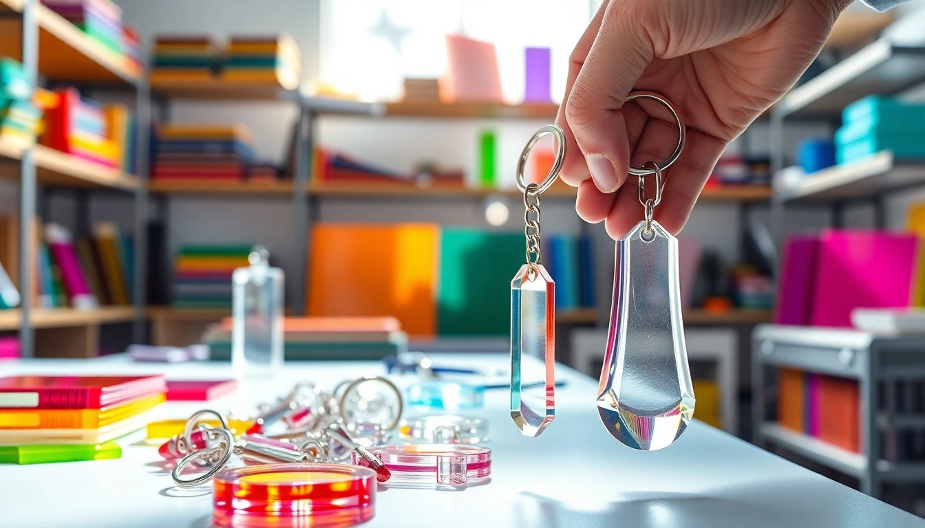 Acrylic keychain manufacturer displaying vibrant custom clear acrylic keychains in a well-lit workspace.