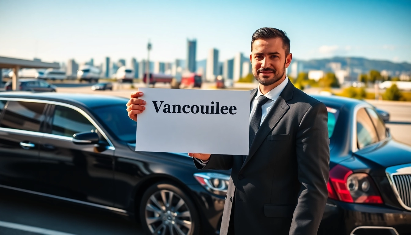 Book a Vancouver airport to downtown limo with a professional chauffeur next to elegant limousines.