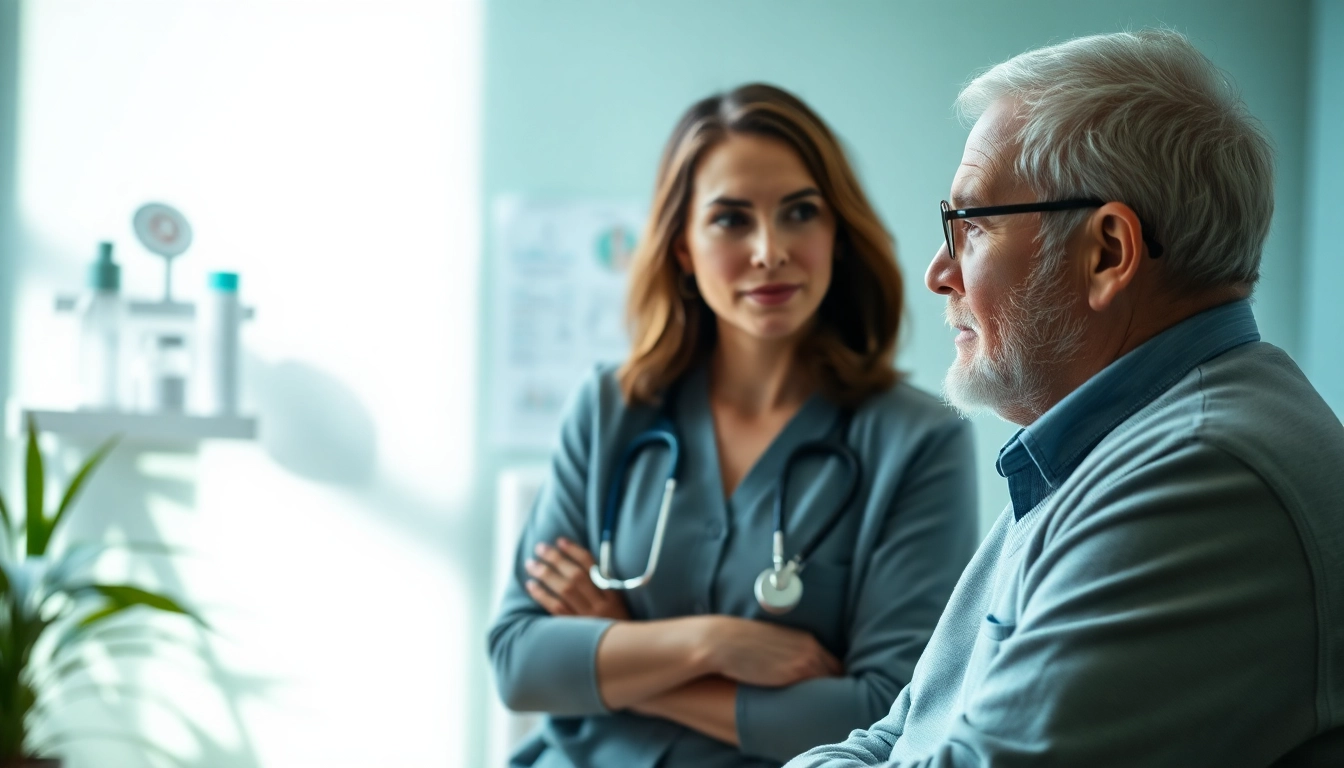Engaging doctor explains Peptide Therapy benefits to patient in a professional healthcare setting.