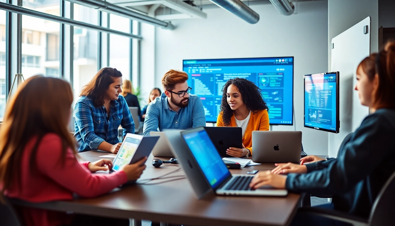 Web development team collaborating on coding and design in a modern office.