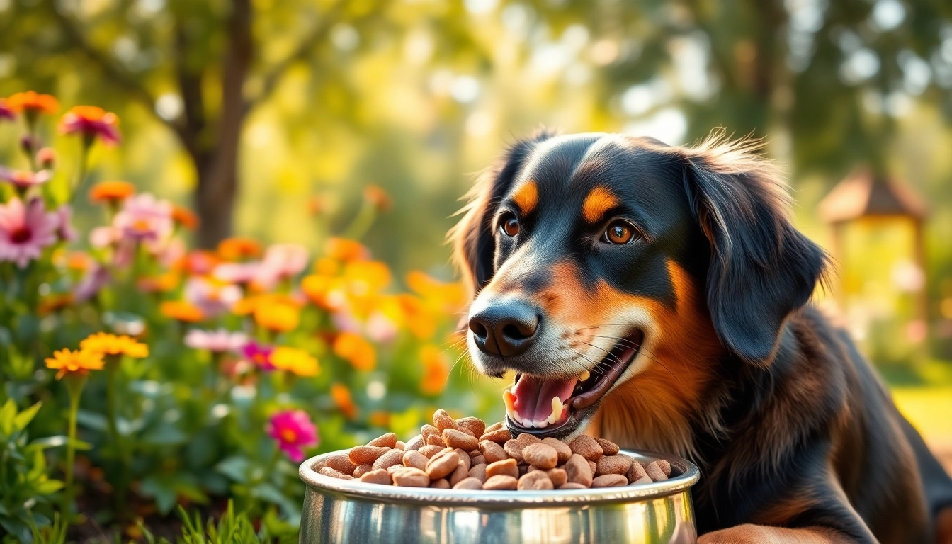 Dog enjoying a bowl of badlands ranch dog food in a vibrant, green garden environment.