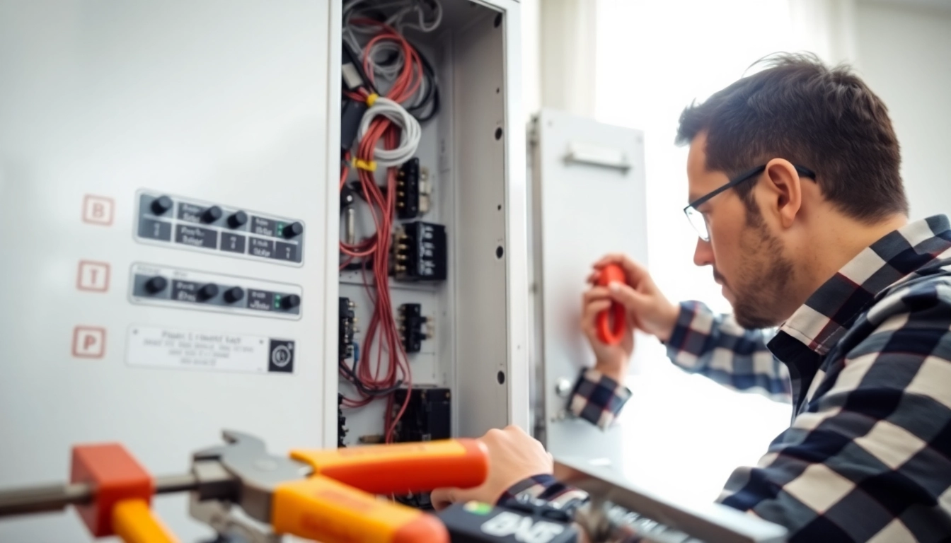 Electrician assessing an electrical panel Clearwater with tools, showcasing professional service.