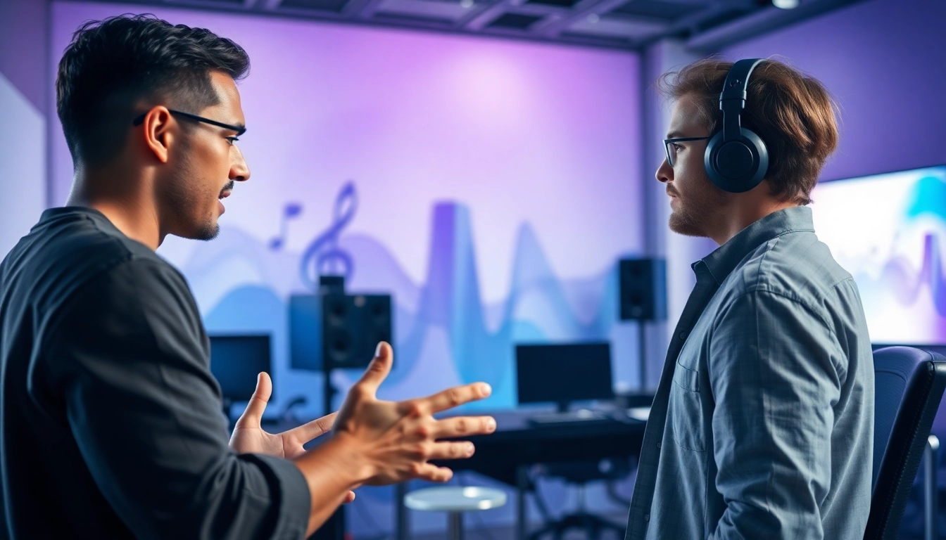 Engaging music pitching scene with an artist showcasing their tracks to a curator.