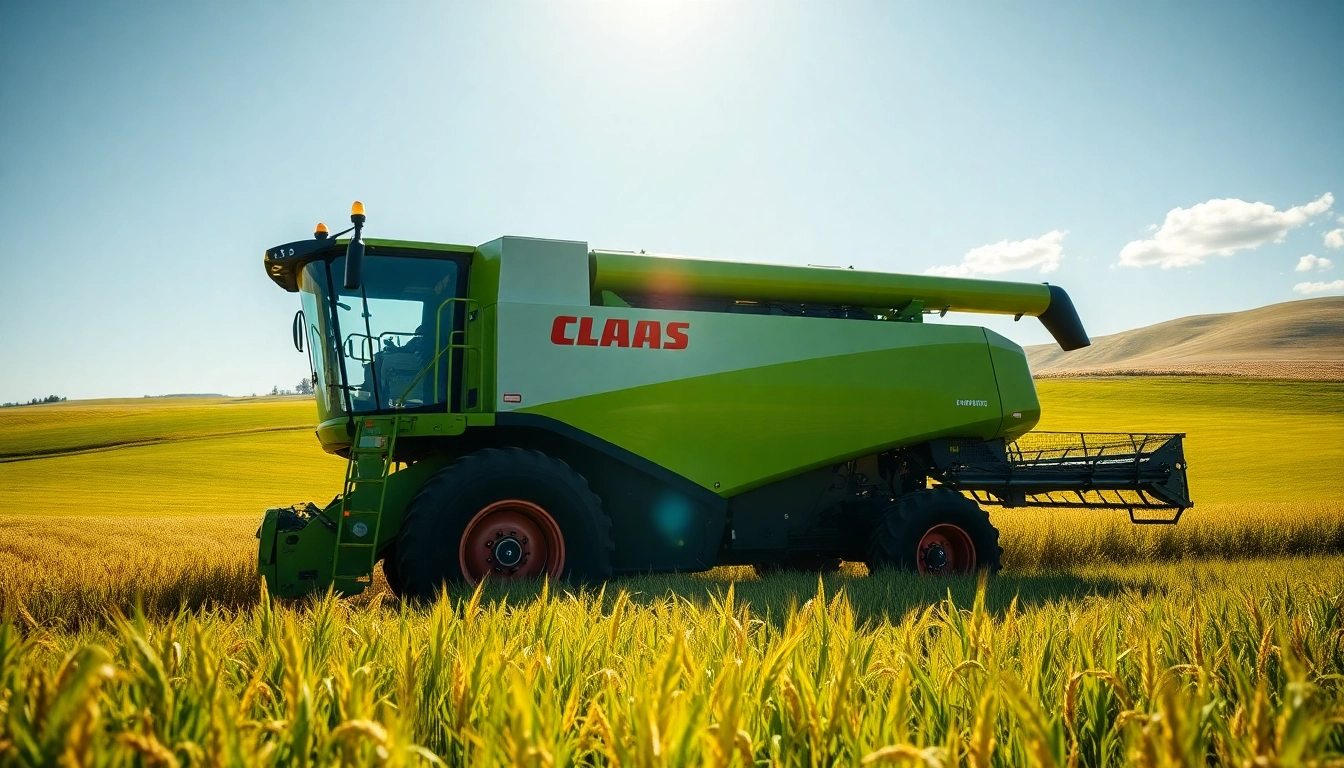 Claas Erntemaschinen in Aktion in einem goldenen Weizenfeld.