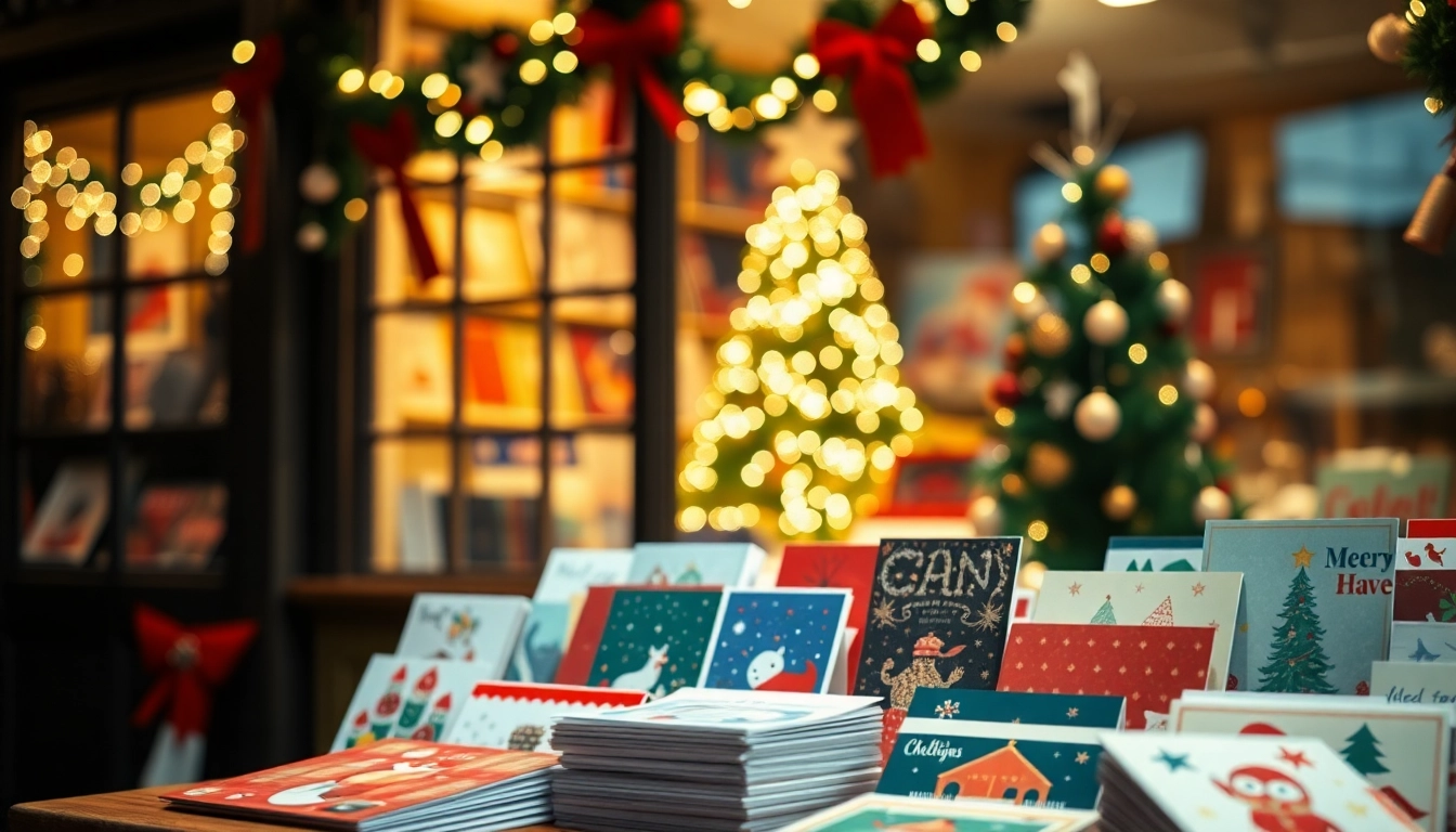 Browse vibrant local Christmas cards London displayed in a cozy holiday storefront.