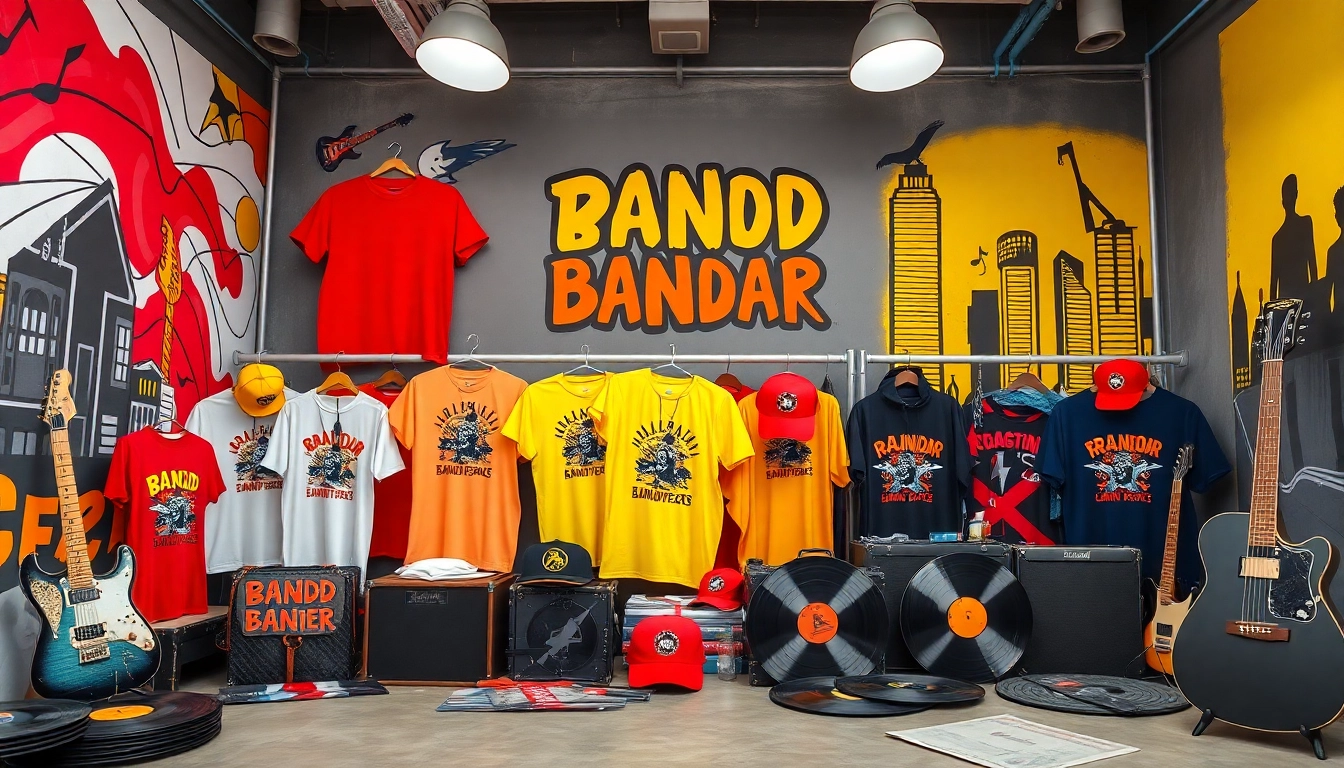 Shop vibrant bandwear custom merchandise featuring unique designs in a stylish urban setting.
