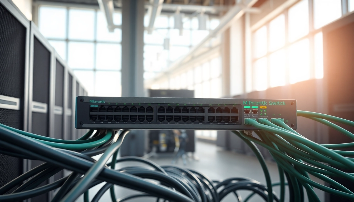 Showcase of a Mikrotik Switch in a high-tech server room, highlighting its design and connectivity.