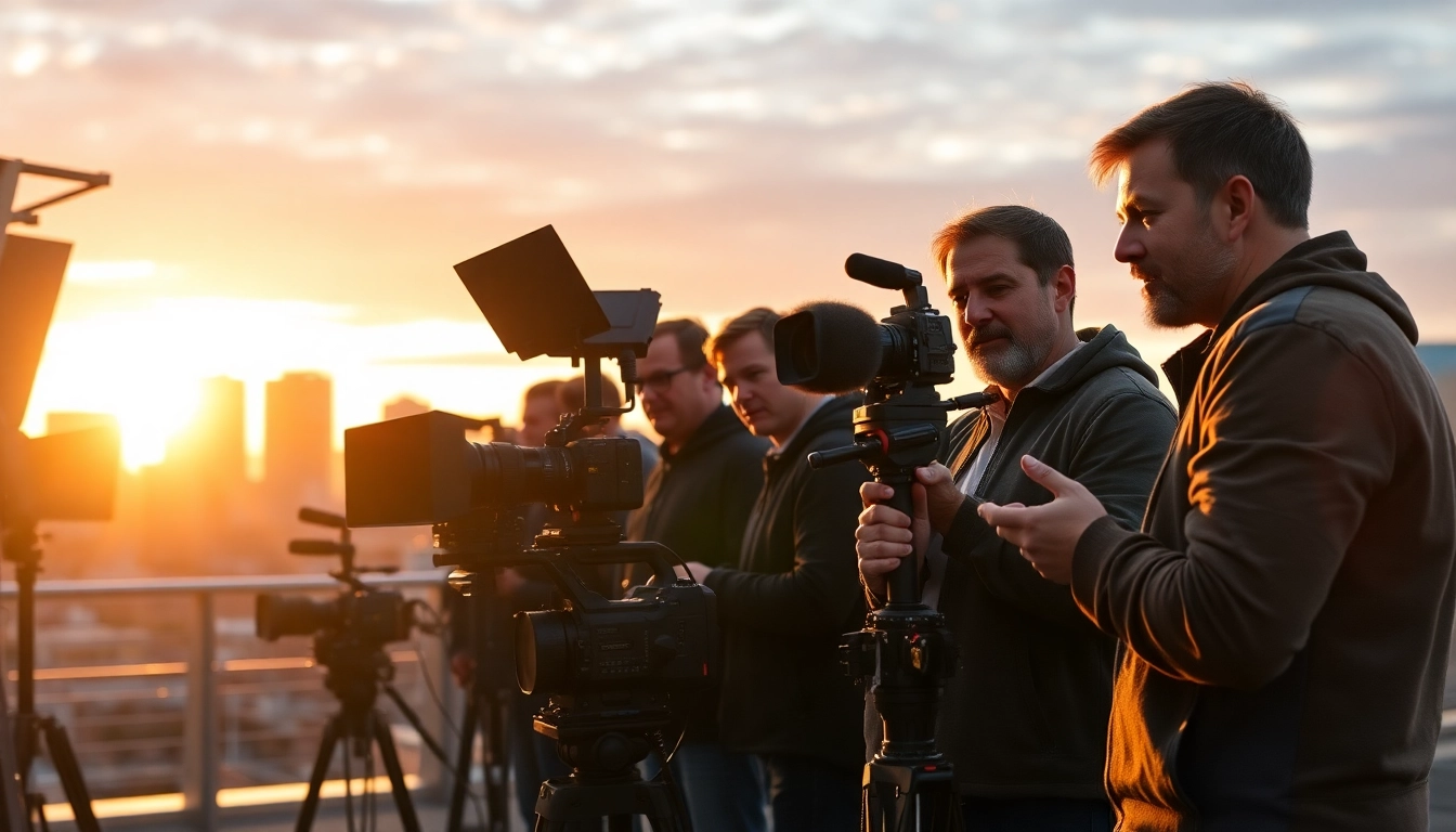 Engaged film crew in Edmonton production companies capturing a dynamic video shoot in an urban setting.