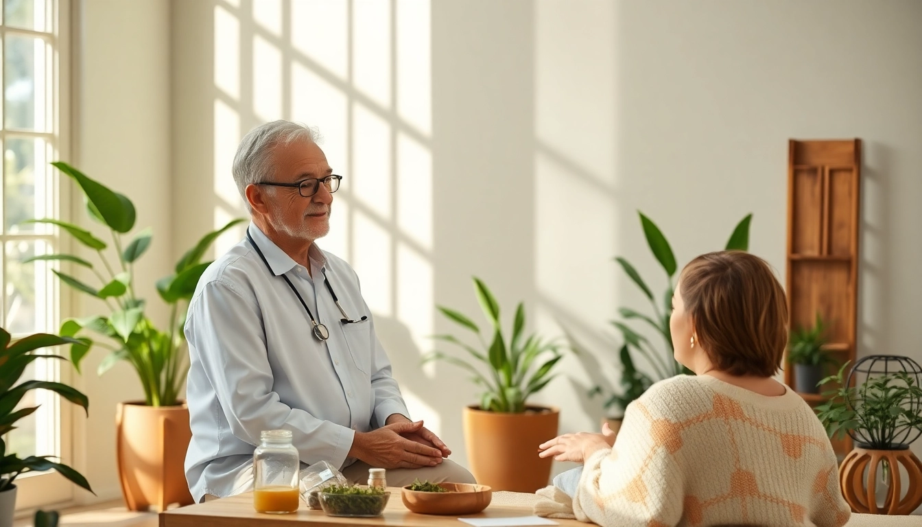 Naturheilkunde Beratung in einem therapeutischen Raum mit Pflanzen und natürlichem Licht